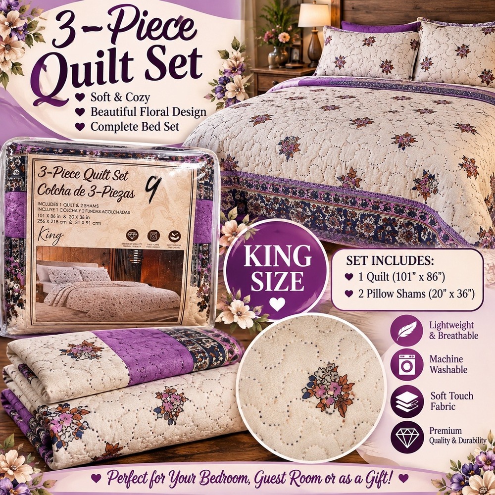 King 3-Piece Floral Quilt Set – Cream & Purple – Quilt + 2 Pillow Shams – New